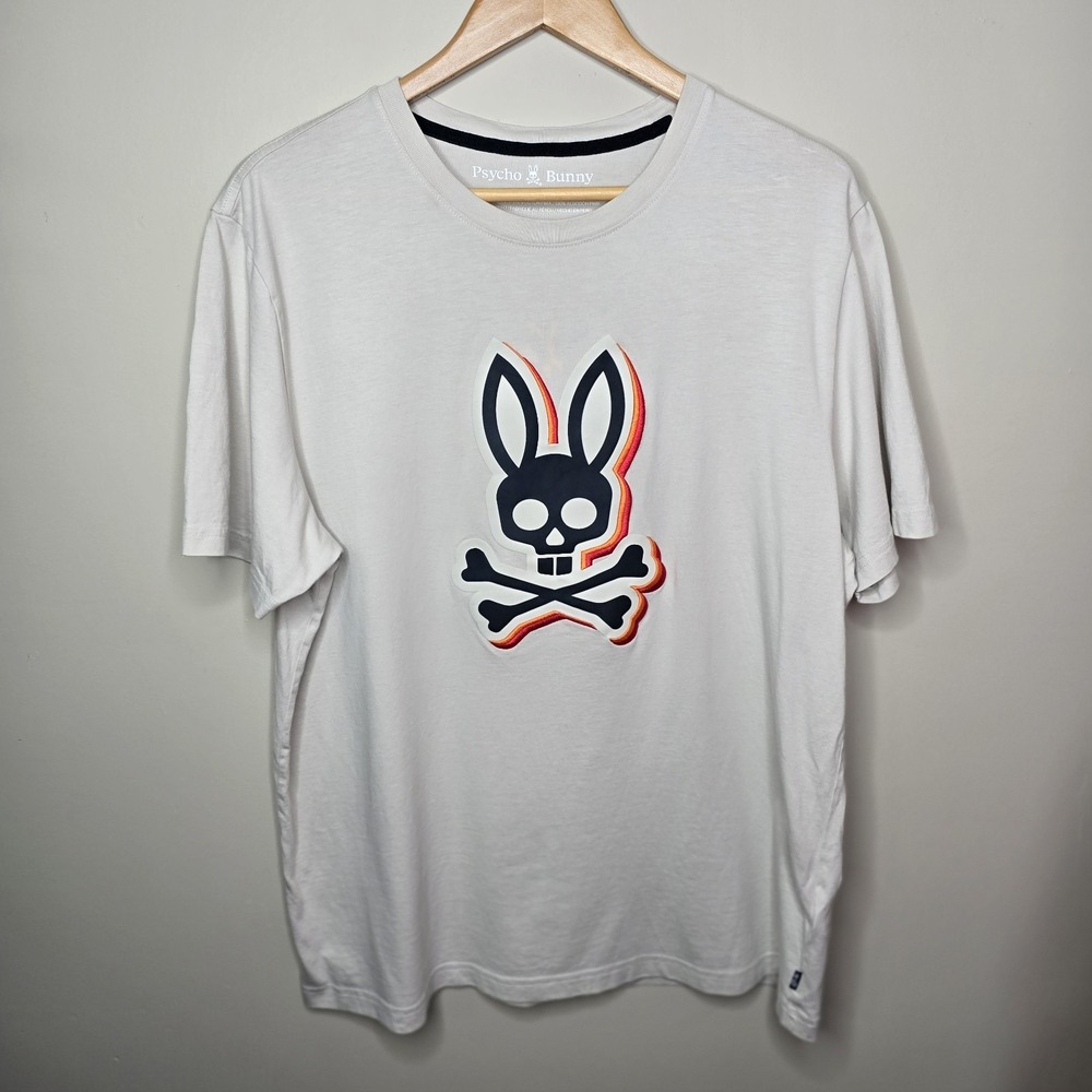 Psycho Bunny Men's T-Shirt Size XL White Graphic Rainbow Skull Bunny Logo Pima